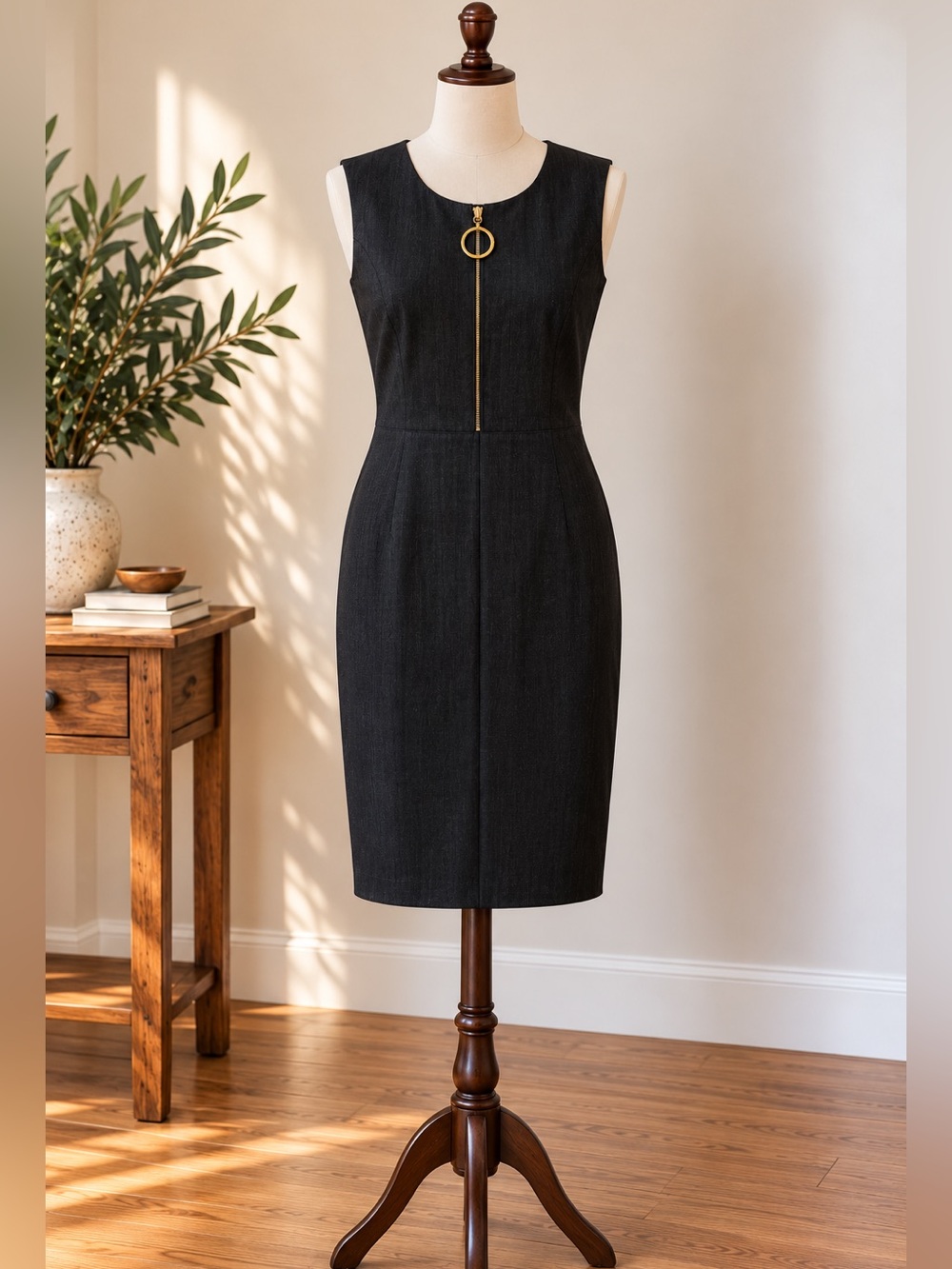 Calvin Klein Black Sheath Dress Gold Ring Zip Size 10 Office Siren Corporate